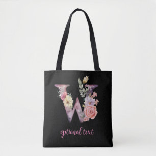 monogram floral personalized black pink letter W Tote Bag