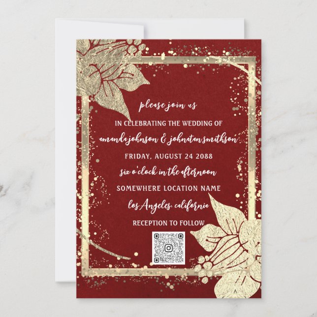 Monogram Floral Photo Gold Frame QR Code Burgundy Invitation (Front)