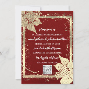 Monogram Floral Photo Gold Frame QR Code Burgundy Invitation