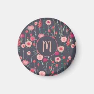 Monogram Floral Pink Black Magnet