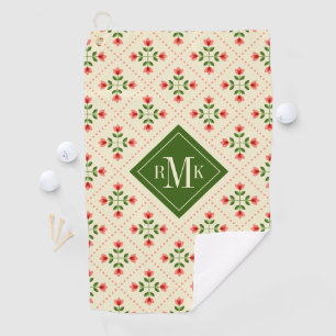 Monogram   Floral Pink & Green Quilt Folk Art Golf Towel
