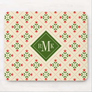 Monogram Floral Pink & Green Quilt Folk Art Mouse Mat