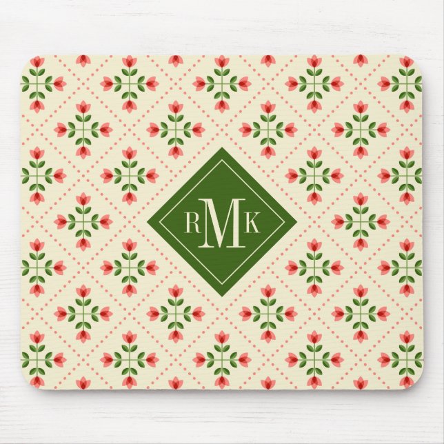 Monogram | Floral Pink & Green Quilt Folk Art Mouse Mat (Front)