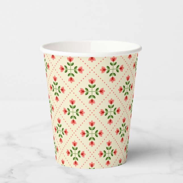 Monogram | Floral Pink & Green Quilt Folk Art Paper Cups (Left)