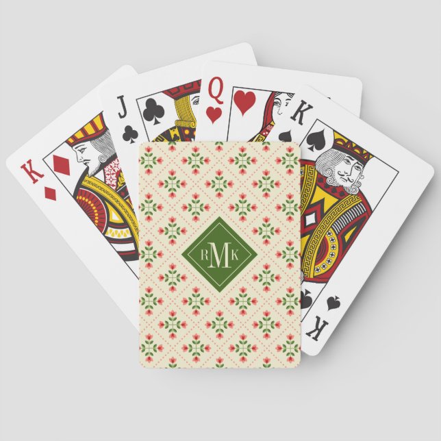 Monogram | Floral Pink & Green Quilt Folk Art Playing Cards (Back)