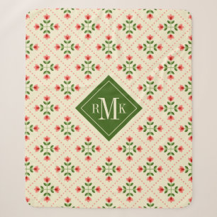 Monogram Floral Pink & Green Quilt Folk Art Sherpa Blanket