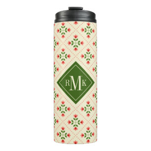 Monogram Floral Pink & Green Quilt Folk Art Thermal Tumbler