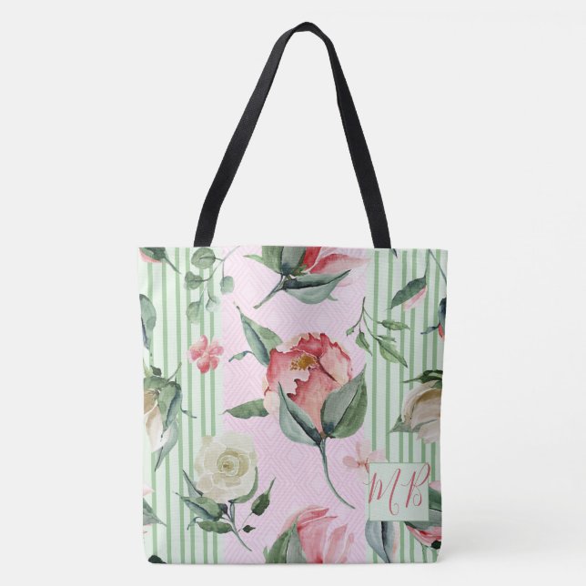 Monogram Floral Pink Green Stripe Pastel Tote Bag (Front)