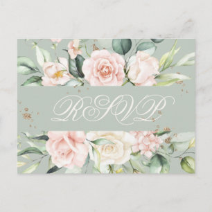 Monogram Floral Pink Green Watercolor RSVP Postcard