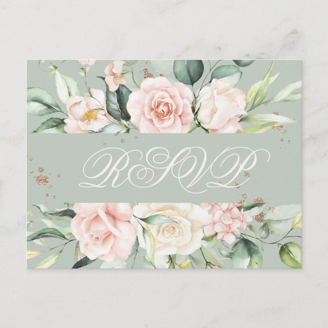 Monogram Floral Pink Green Watercolor RSVP  Postcard (Front)