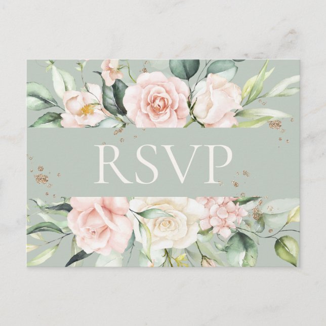 Monogram Floral Pink Green Watercolor RSVP  Postcard (Front)