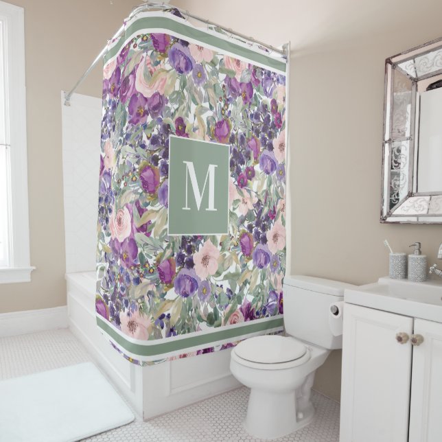Monogram Floral Pink Purple Boho Green Shower Curtain (In Situ)