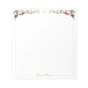 Monogram Floral Pink Sweet Pea Vintage Small Notepad