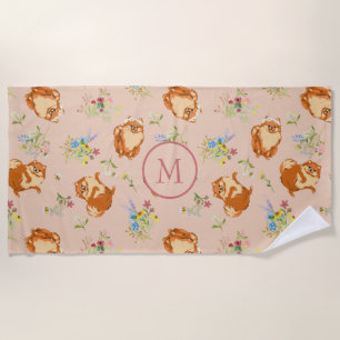 Monogram Floral Pomeranian Pattern Blush Pink  Beach Towel