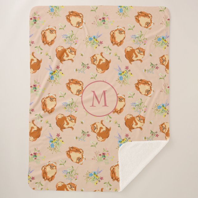 Monogram Floral Pomeranian Pattern Blush Pink Sherpa Blanket (Front)