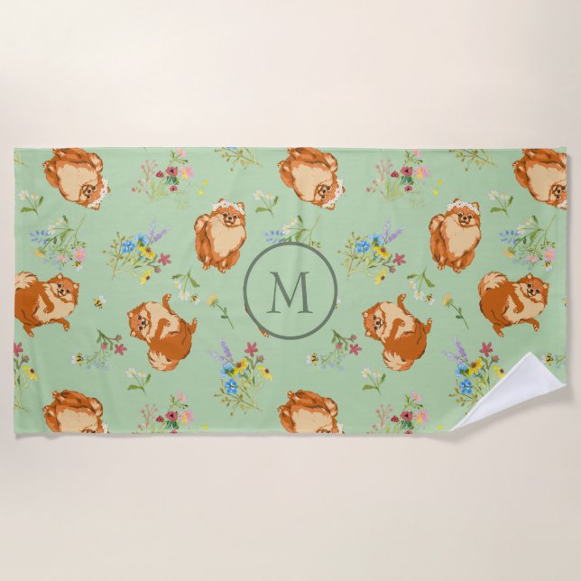 Monogram Floral Pomeranian Pattern Green Beach Towel (Front)