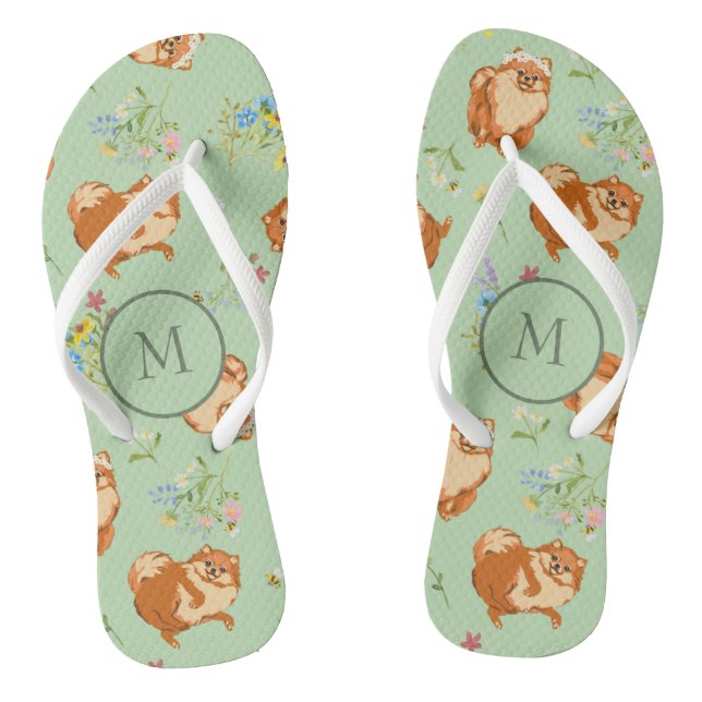 Monogram Floral Pomeranian Pattern Green Flip Flops (Footbed)