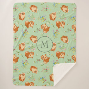 Monogram Floral Pomeranian Pattern Mint Green Sherpa Blanket
