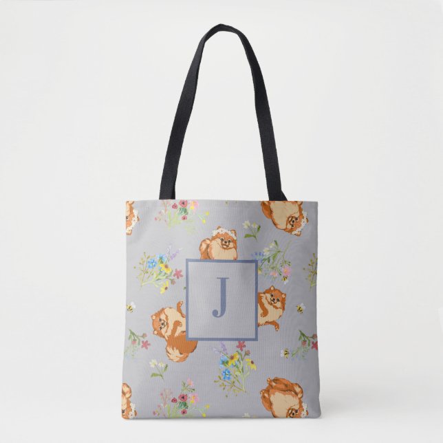 Monogram Floral Pomeranian Pattern  Tote Bag (Front)