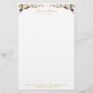 Monogram Floral Purple Pink Sweet Pea Vintage Stationery