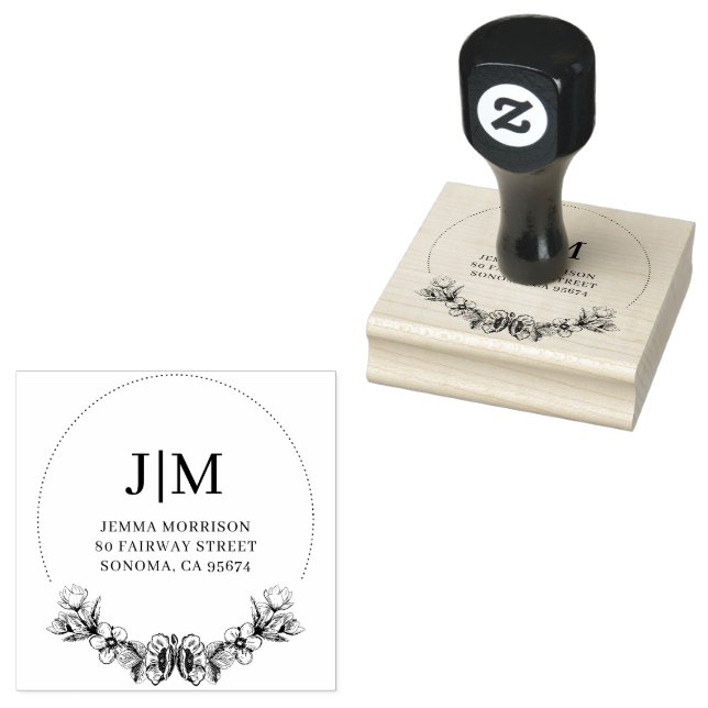 Monogram Floral Return Address Rubber Stamp (Stamped)