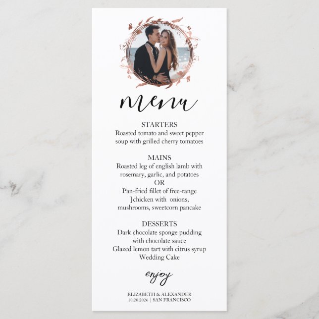 Monogram Floral Rose Gold Foil Photo Wedding Menu (Front)