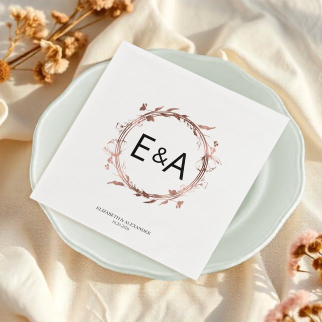 Monogram Floral Rose Gold Foil Wedding Napkin (Creator Uploaded)