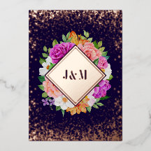 Monogram Floral Rose Gold Wedding Foil Invitation