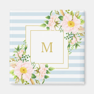 Monogram Floral Shabby Chic Pastel Blue Stripes Magnet