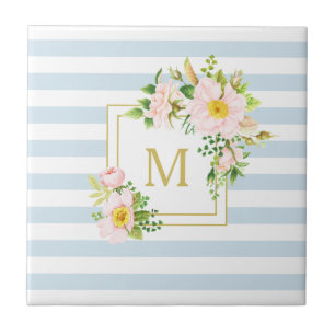 Monogram Floral Shabby Chic Pastel Blue Stripes Tile