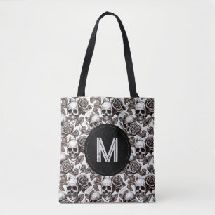 Monogram Floral Skull Black White Halloween Tote Bag