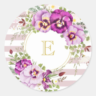 Monogram Floral Vintage Pansies Purple Stripes Classic Round Sticker
