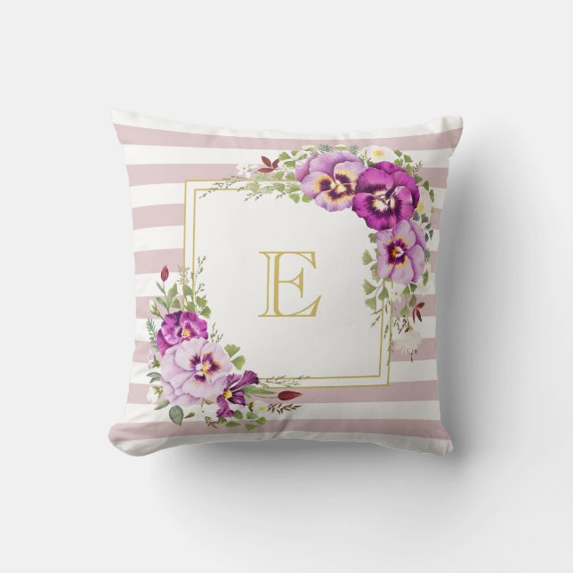 Monogram Floral Vintage Pansies Purple Stripes Cushion (Front)