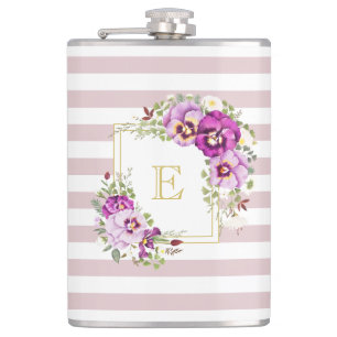 Monogram Floral Vintage Pansies Purple Stripes Hip Flask