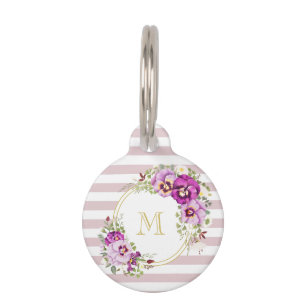 Monogram Floral Vintage Pansies Purple Stripes Pet Tag