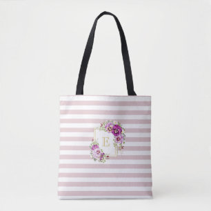 Monogram Floral Vintage Pansies Purple Stripes Tote Bag