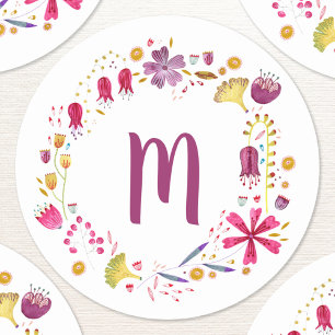 Monogram Floral Watercolor Classic Round Sticker