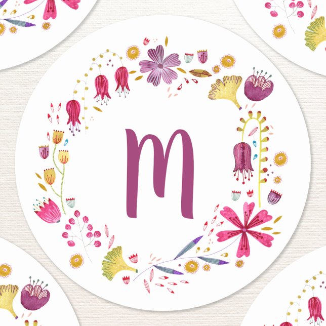 Monogram Floral Watercolor Classic Round Sticker (Personalized monogram initials watercolor wildflower wreath sticker)
