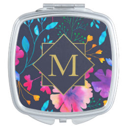 Monogram Floral Watercolour Pattern Compact Mirror