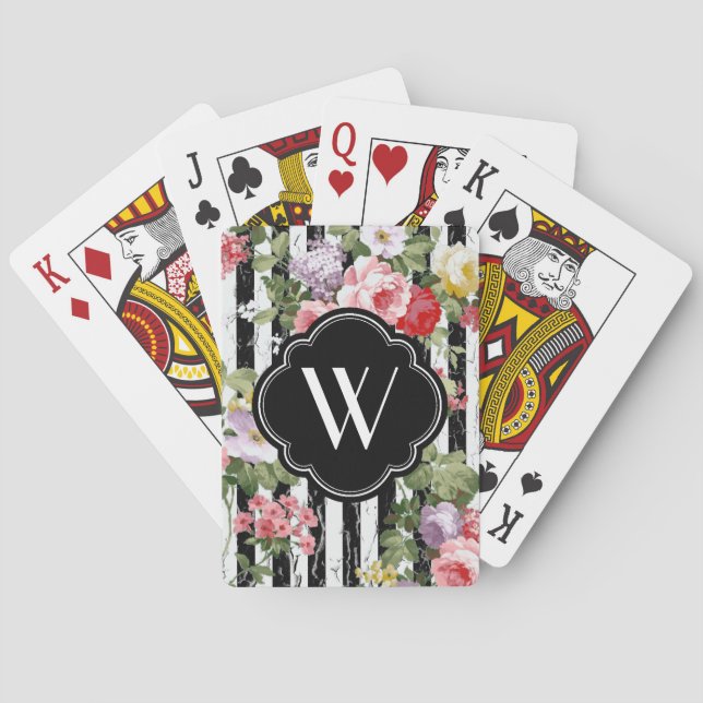 Monogram Floral Weathered Black Stripe Playing Cards (Back)