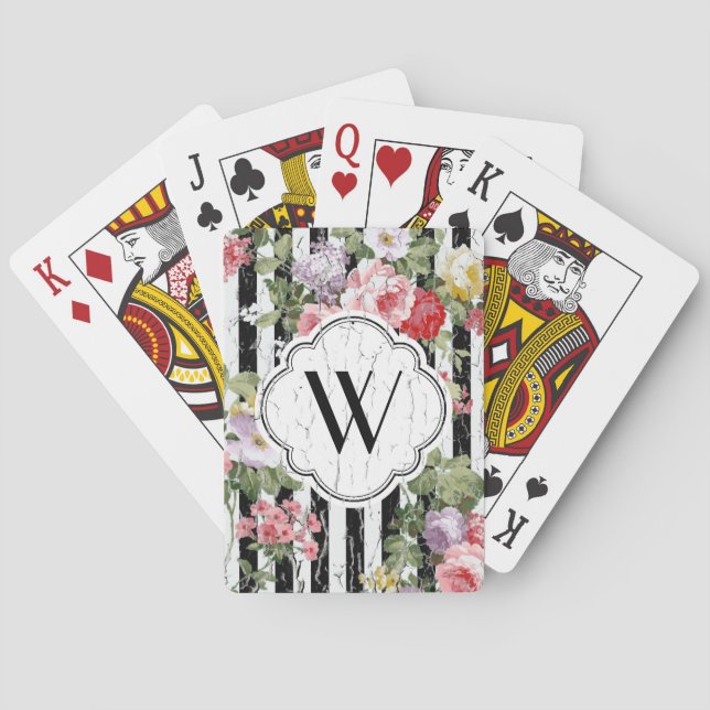 Monogram Floral Weathered Black Stripe Playing Cards (Back)
