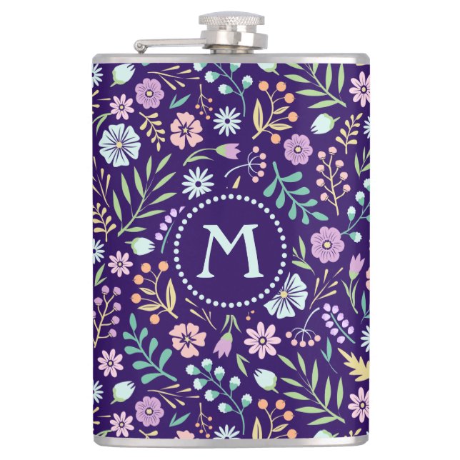 Monogram Floral Whimsical Boho Pattern Flask (Front)