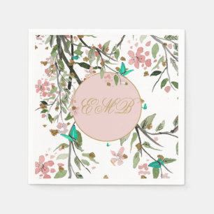 Monogram Floral White Pink  Elegant Gold Birthday Napkin