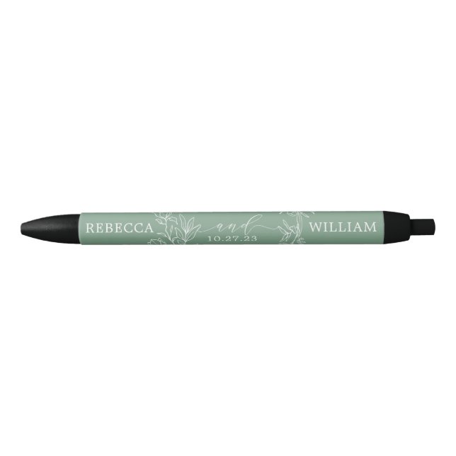 Monogram Floral Wildflowers Wreath Sketched Green Black Ink Pen (Front)