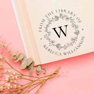 Monogram & Floral Wreath From the Library of Book Rubber Stamp