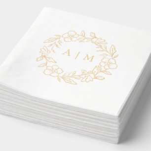 Monogram Floral Wreath Gold Foil Wedding Napkins