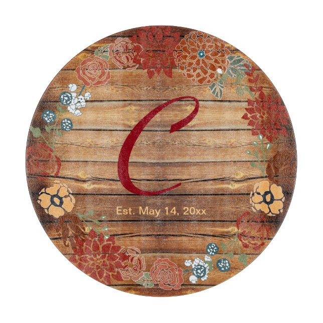 Monogram Floral Wreath on Barn Wood Cutting Board (Front)