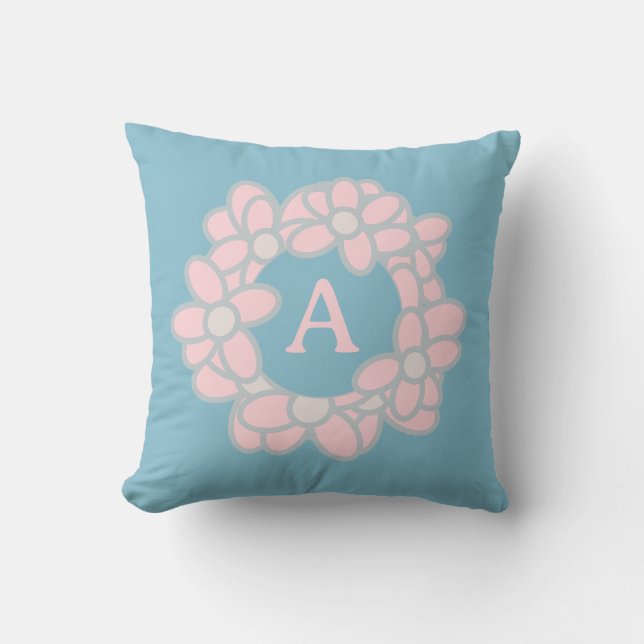 Monogram Floral Wreath Pastel Retro Cushion (Front)