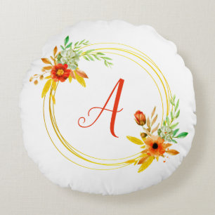 Monogram floral wreath round pillow