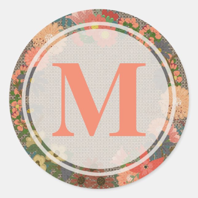 Monogram, Floral Wreath Round Sticker (Front)